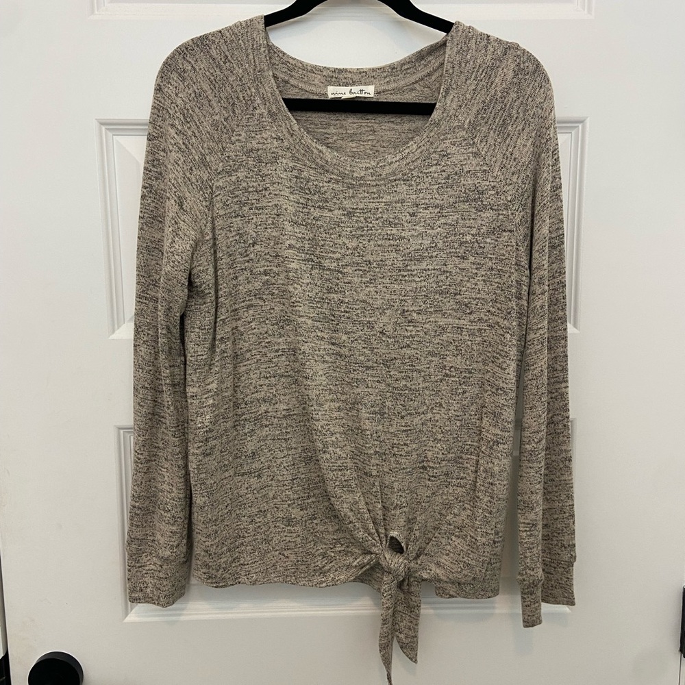 Nine Britton Heathered Long Sleeve Tie-Front Top
